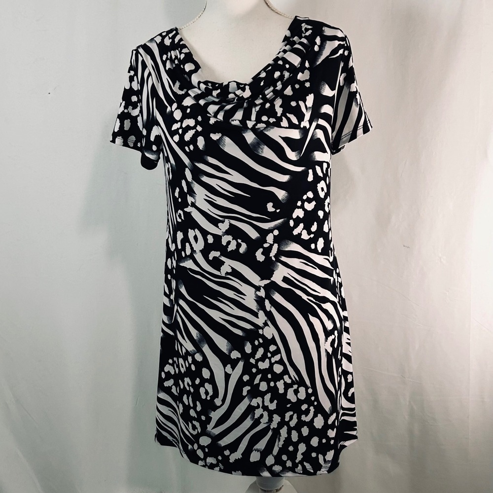 Style & Co Womens Zebra Leopard Print Cowl‎ Neck Shift Dress Black White Small